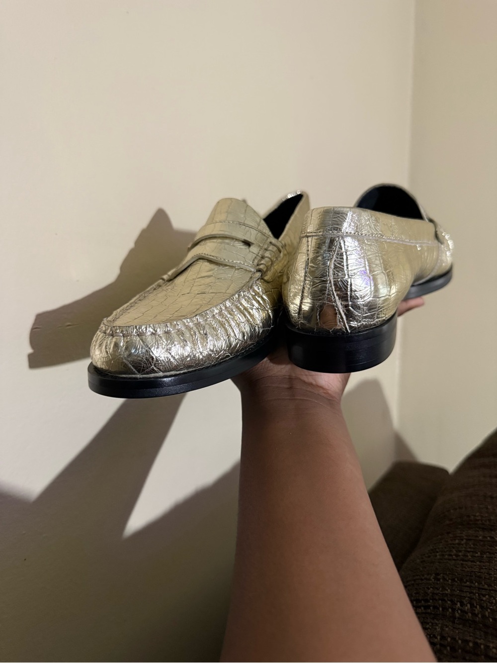 Metallic Gold Croc-Embossed Penny Loafers for Men